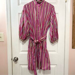 Lauren Ralph Lauren Button Down Dress Striped Tiered Tie Belt Pink Blue Size 12
